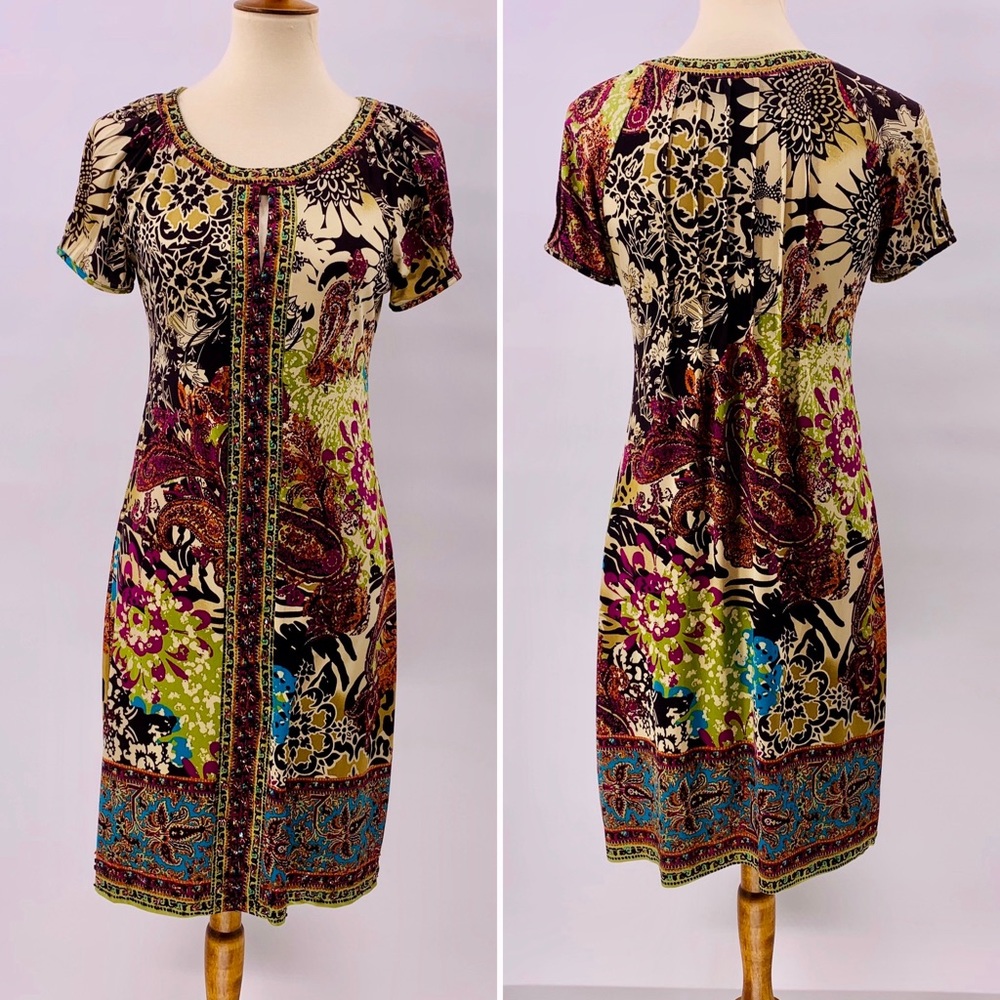 ICE Multicolored Beaded Printed Short Sleeve Dress
